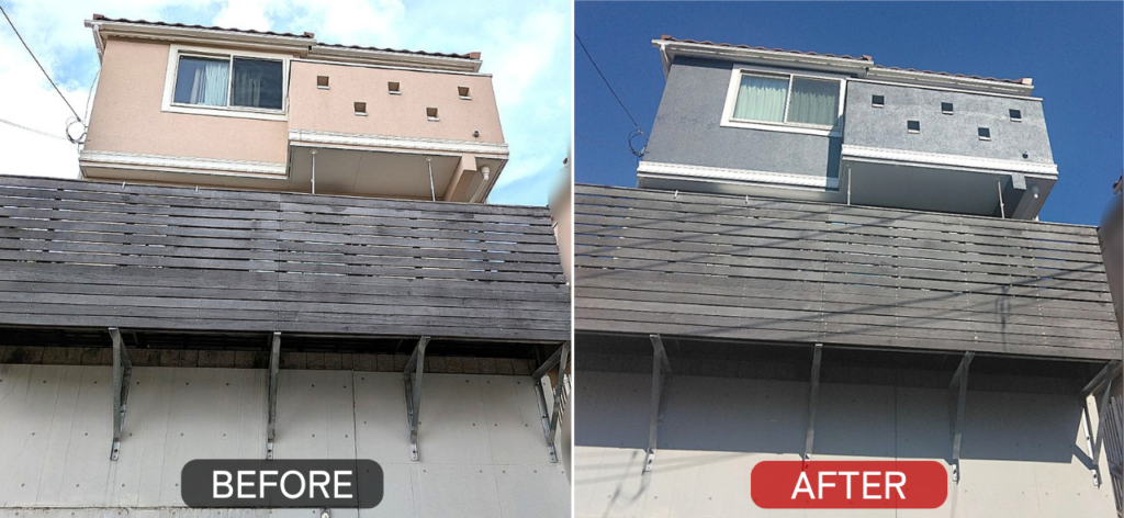 川崎市の戸建て外壁塗装　バルコニー越しに見る施工前後の外壁色比較写真