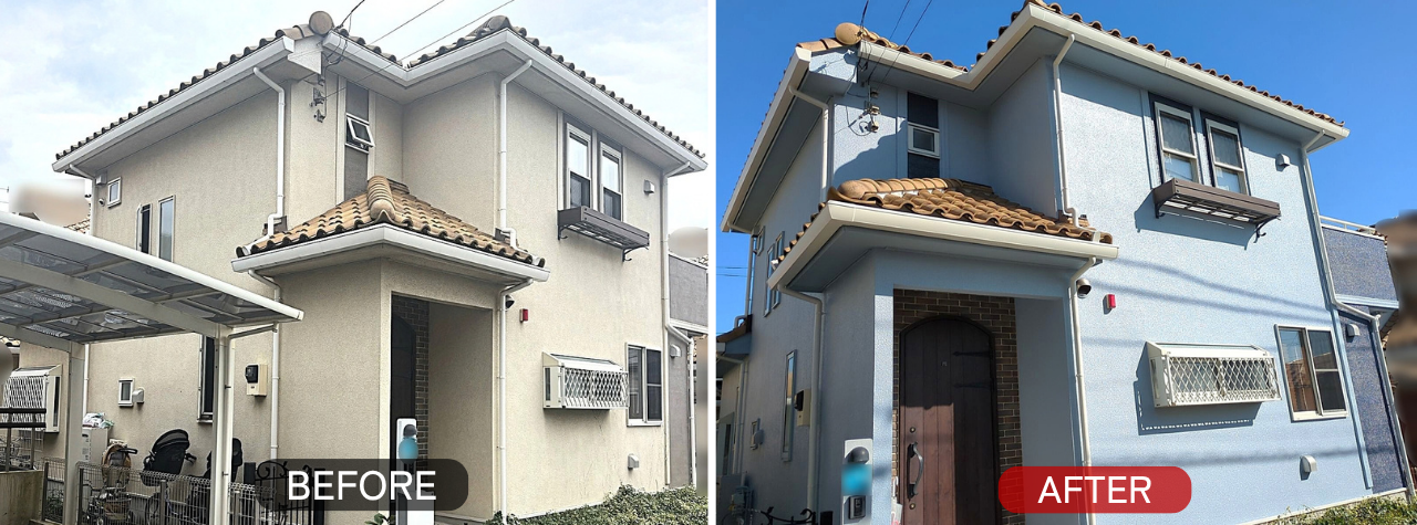 川崎市の2階建て戸建て外壁をブルーグレー系のツートーンへ塗り替えた前後