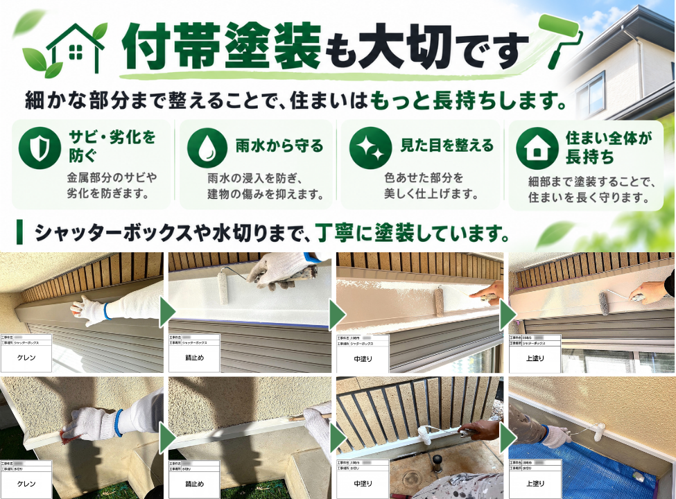 川崎市の付帯部塗装で、シャッターボックスと水切りをケレンから上塗りまで仕上げる工程