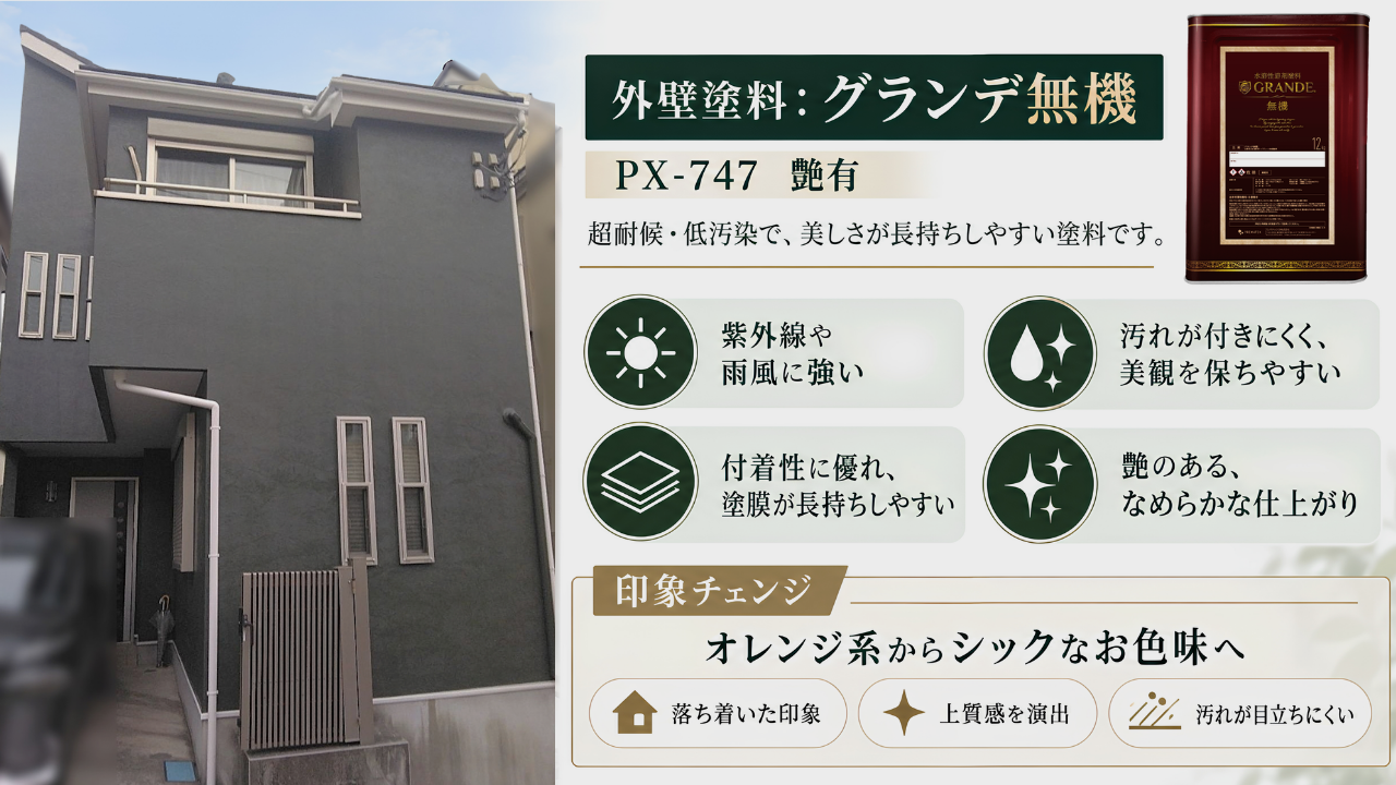 川崎市の外壁塗装で使用したグランデ無機（PX-747・艶有）と完工後の外観