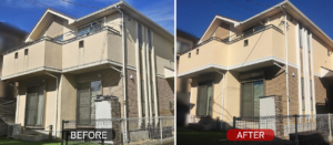 川崎市の外壁塗装で、ベランダのある外観が美しく整った施工前後のビフォーアフター