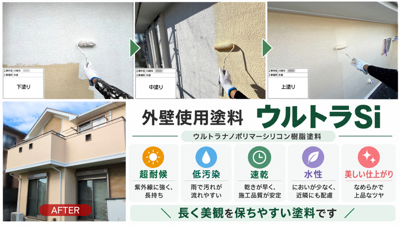 川崎市の外壁塗装で、下塗り後にウルトラSiで中塗り・上塗りを重ねた工程