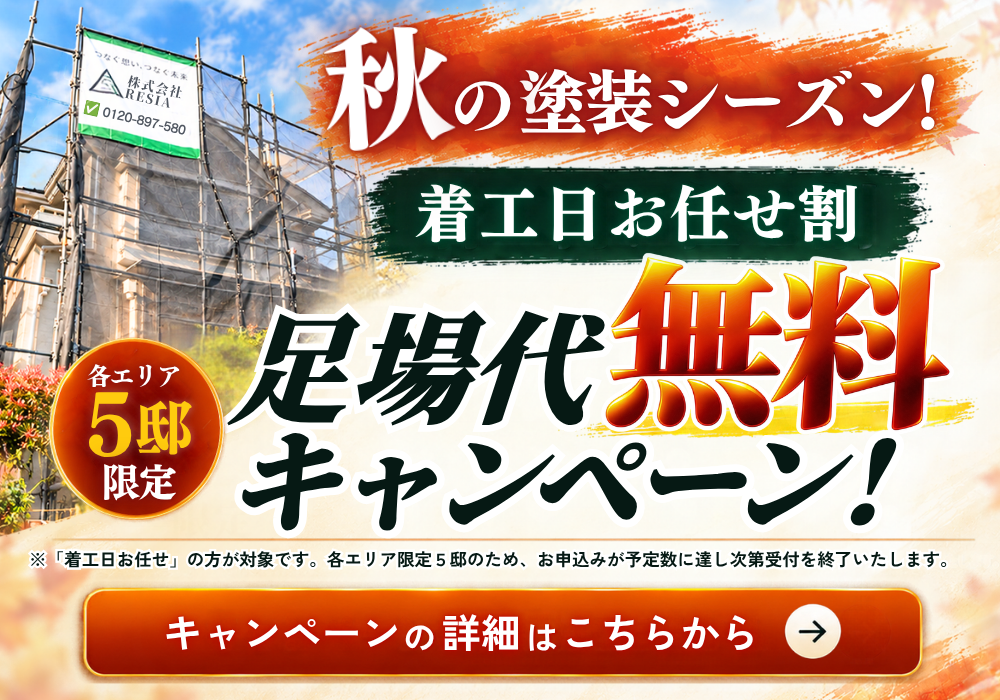 RESIAの秋の塗装シーズンキャンペーン。着工日お任せ割の適用者を対象に、各エリア5邸限定で足場代無料を案内