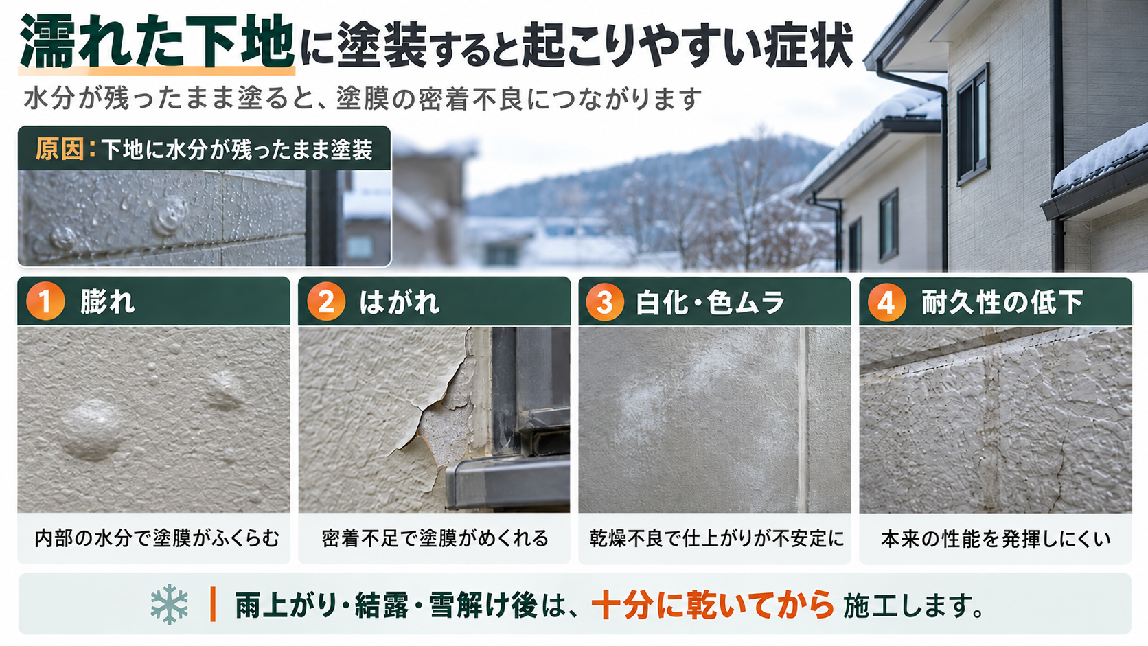 濡れた外壁下地に塗装した場合に起こりやすい塗膜の膨れ、はがれ、白化や色ムラ、耐久性低下